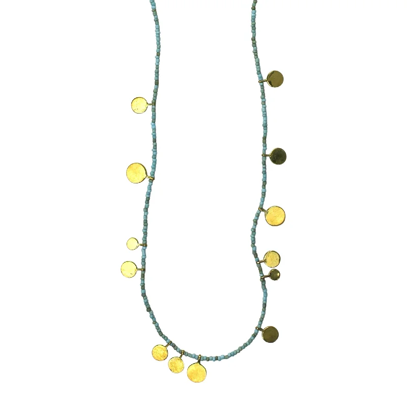 Bold Statement Chain Necklaces-Necklace, Brass Tabs on Teal Beads