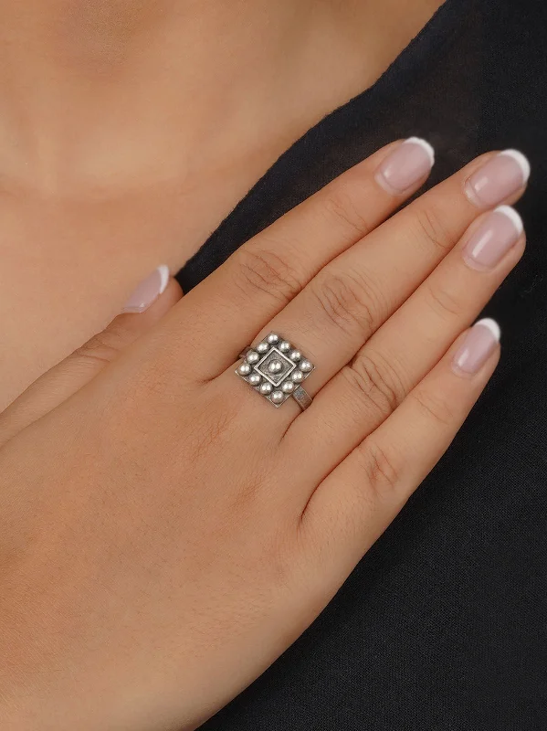 Stackable Rings for Women-Grey Color Silver Plated Tribal Ring - EK-SFRNG172