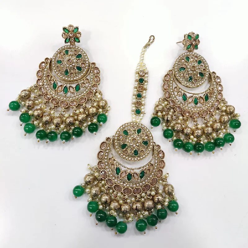 Natural Stone Earrings-JCM Gold Plated Crystal Stone And Beads Dangler Earrings With Maangtikka (Assorted Color 1 Piece Only)