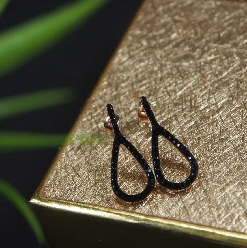 Black Pearl Earrings-Tarohi JewelsStainless Steel Rosegold Plated Black Tear Drop Earring-STNER 2920