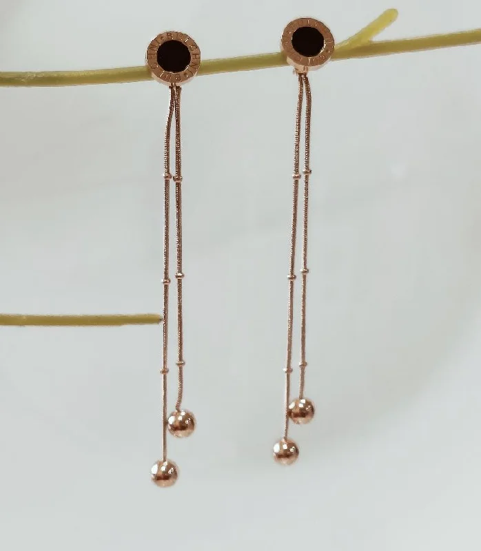 Floral Earrings for Women-Tarohi JewelsStainless Steel Rosegold Plated Double Long Chain Earring-STNER 2555