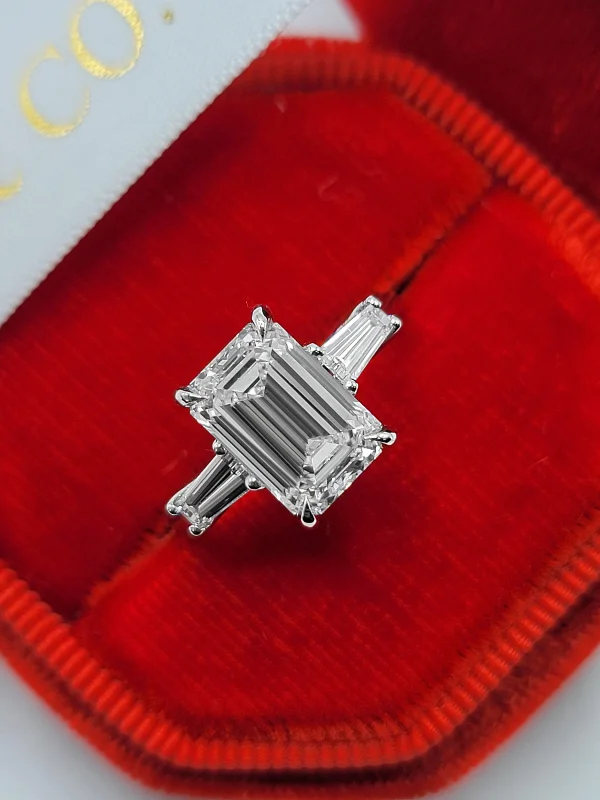 Unique Diamond Rings-3.39 Carats Lab Grown Emerald Cut with Baguettes Three Stone Diamond Engagement Ring