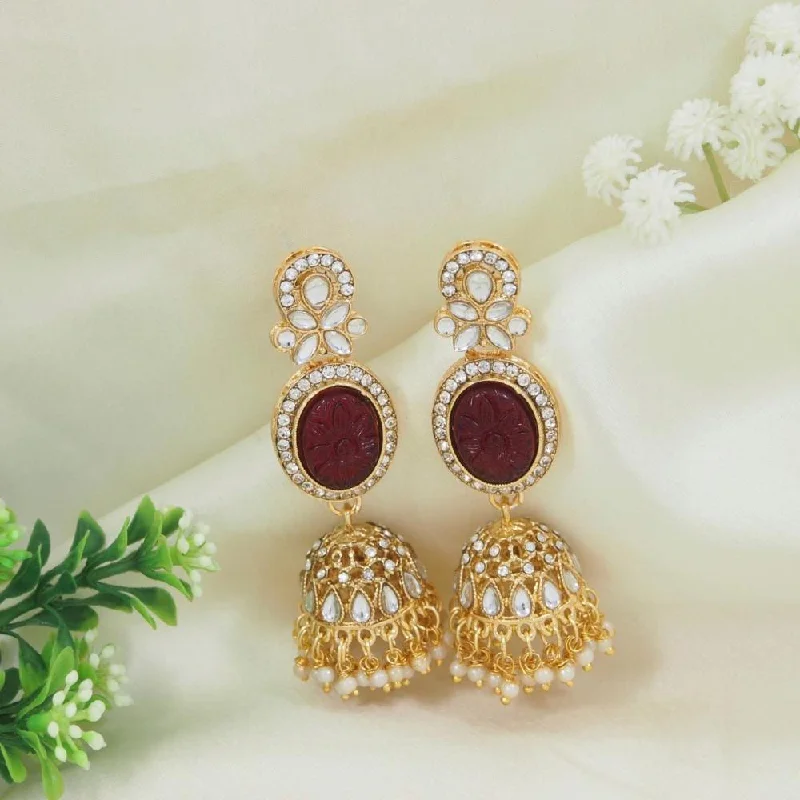 Customized Initial Earrings-Etnico Gold Plated Traditional Kundan & Pearl Jhumka Dangle Earrings For Women (E3253M)