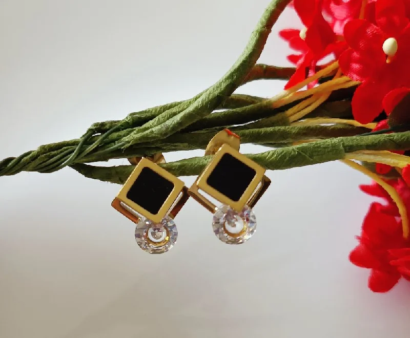 Luxury Earrings for Brides-Tarohi JewelsStainless Steel Gold Plated Black Coral Stud Earring-STNER 2561