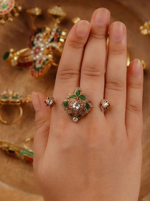 Pear-Shaped Diamond Rings-Green Color Gold Plated Faux Polki Ring - PK-R15GR