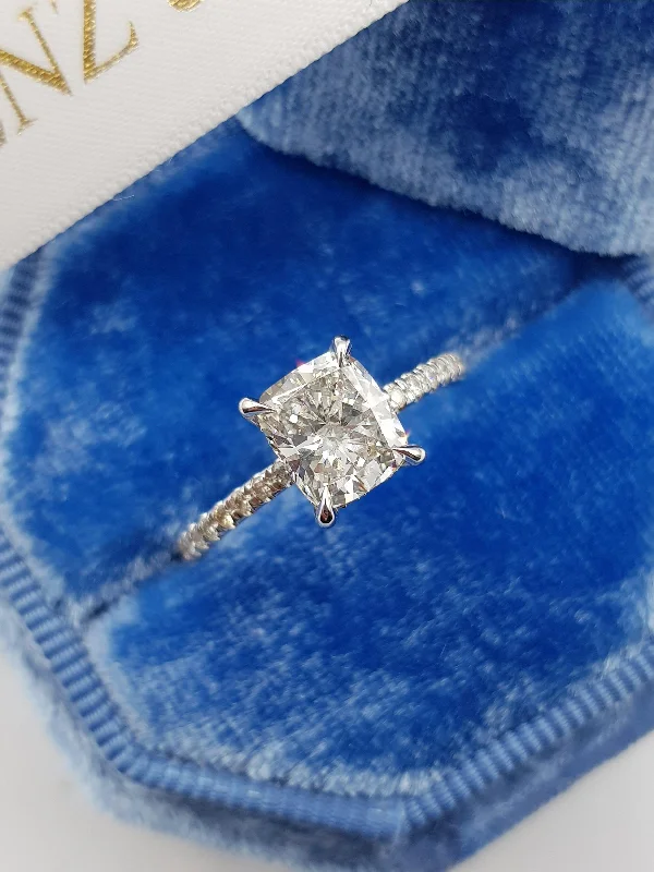 Engagement Rings with Sapphire-1.80 Carats Cushion Cut Micropave Side Stones Hidden Halo Diamond Engagement Ring