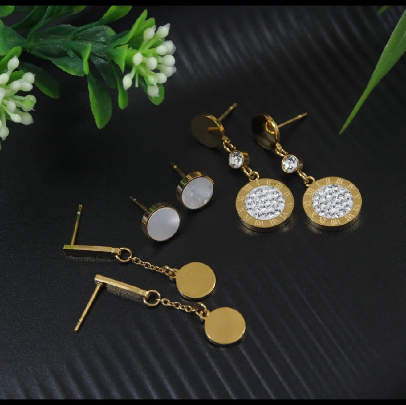 Unique Boho Earrings-Tarohi JewelsStainless Steel Gold Plated Three Pair Dangle and Stud Earring- STNER 4123