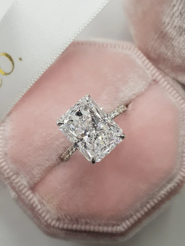 Unique Gold Wedding Rings-4.55 Carats Radiant Cut Micropaved Side Stones Hidden Halo Diamond Engagement Ring