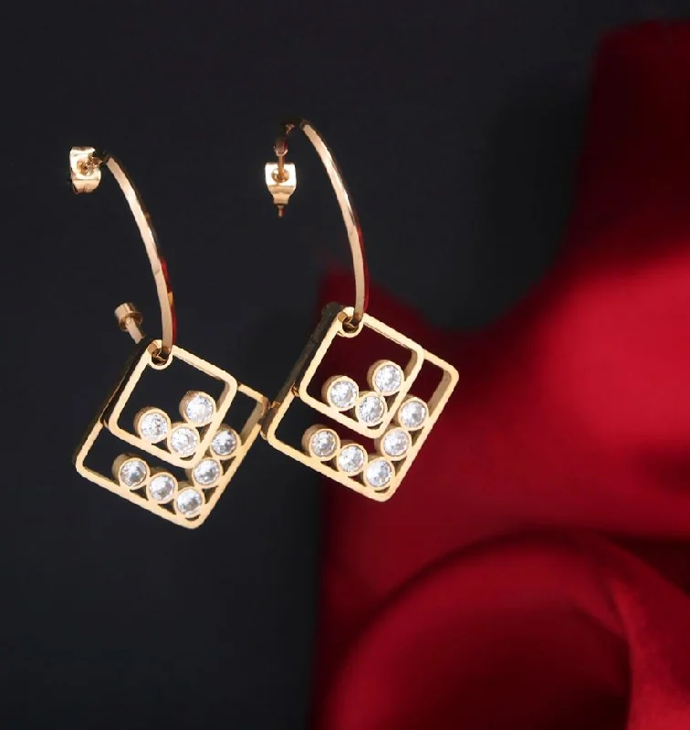 Swarovski Crystal Earrings-Tarohi JewelsStainless Steel Rosegold Plated Double Rhombus Shaped Hoops Earring- STNER 2760