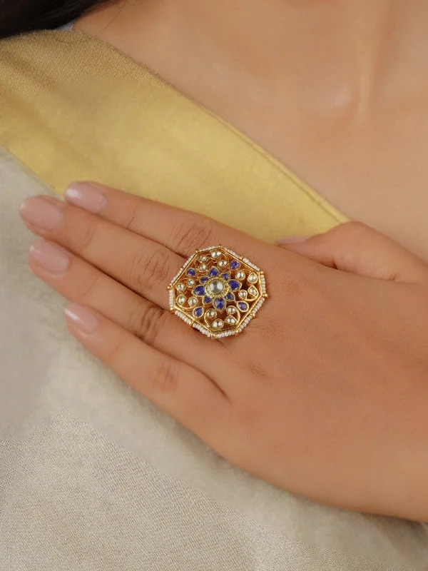 Handcrafted Engagement Rings-Blue Color Gold Plated Jadau Kundan Ring - MRNG172YBL