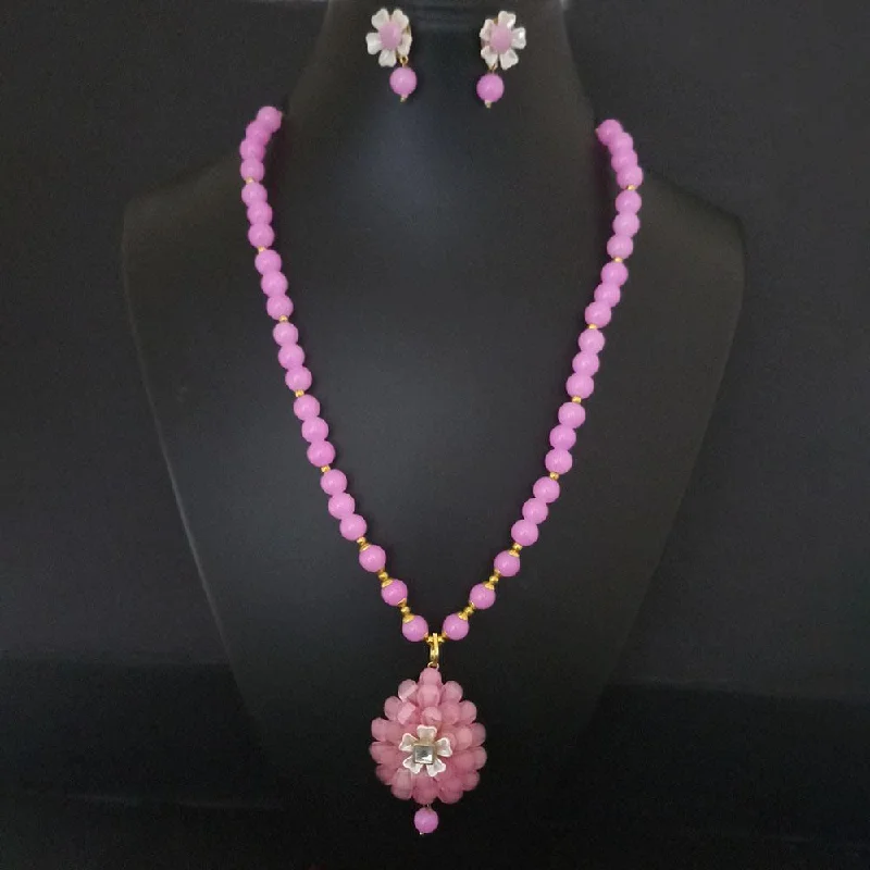 Chunky Statement Necklaces-Kriaa Pink Beads And Kundan Gold Plated Necklace Set - 2800324K