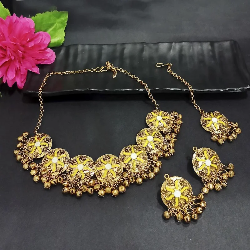 Personalized Family Necklaces-Kriaa Gold Plated Yellow Meenakari Necklace Set With Maang Tikka - 1116023B