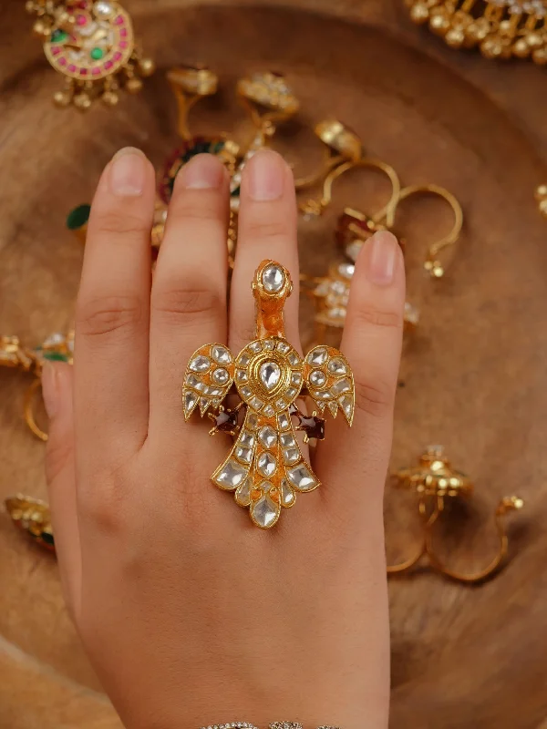 Simple Engagement Rings-White Color Gold Plated Jadau Kundan Ring - MRNG91