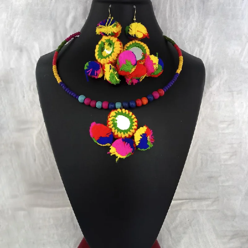 Multi-Colored Bead Necklaces-Jeweljunk Gold Plated Multicolor Pom Pom Necklace Set  - 1115669