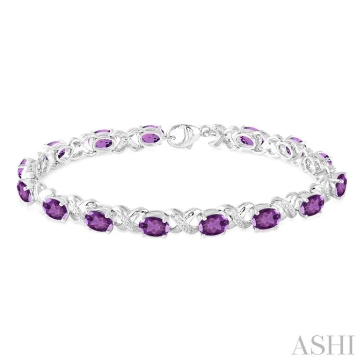 Colorful Leather Bracelets-7x5 mm Oval Cut Amethyst and 1/20 Ctw Round Cut Diamond Fashion Bracelet in Sterling Silver