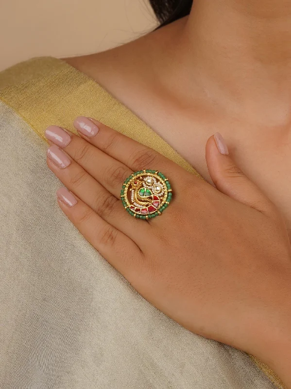 Birthstone Rings for Couples-Multicolor Gold Plated Jadau Kundan Ring - MRNG168M