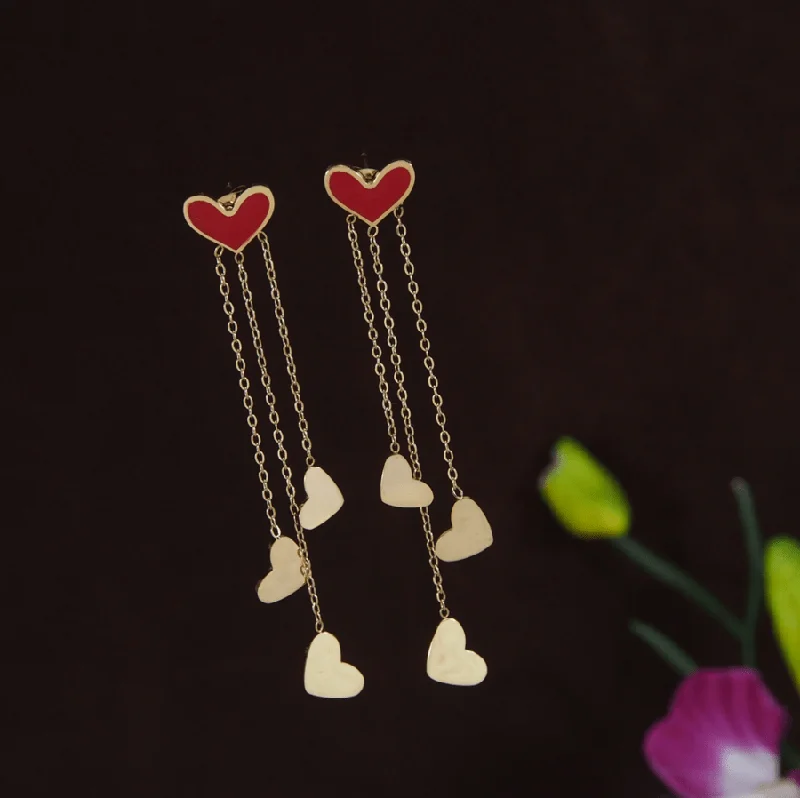 Designer Drop Earrings-Tarohi JewelsStainless Steel Gold Plated Red Coloured Hanging Heart Chain Earring- STNER 3913