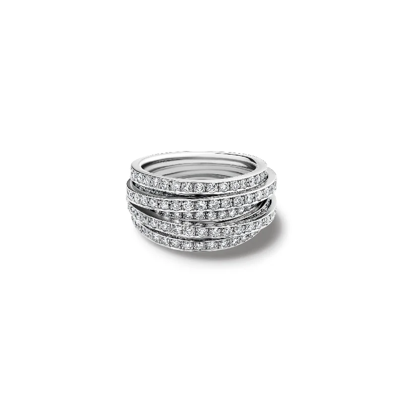 Silver and Diamond Rings-Tagliatelle Ring 18ct White Gold - Diamond Pavé