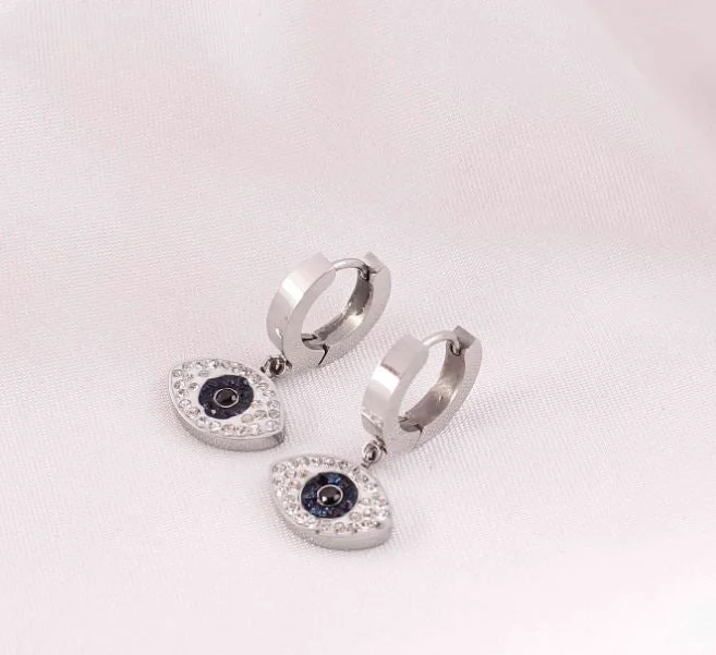 Diamond Stud Earrings-Tarohi JewelsStainless Steel Evil Eye Cubic Zirconia Hoops Earring  - STNER 5066