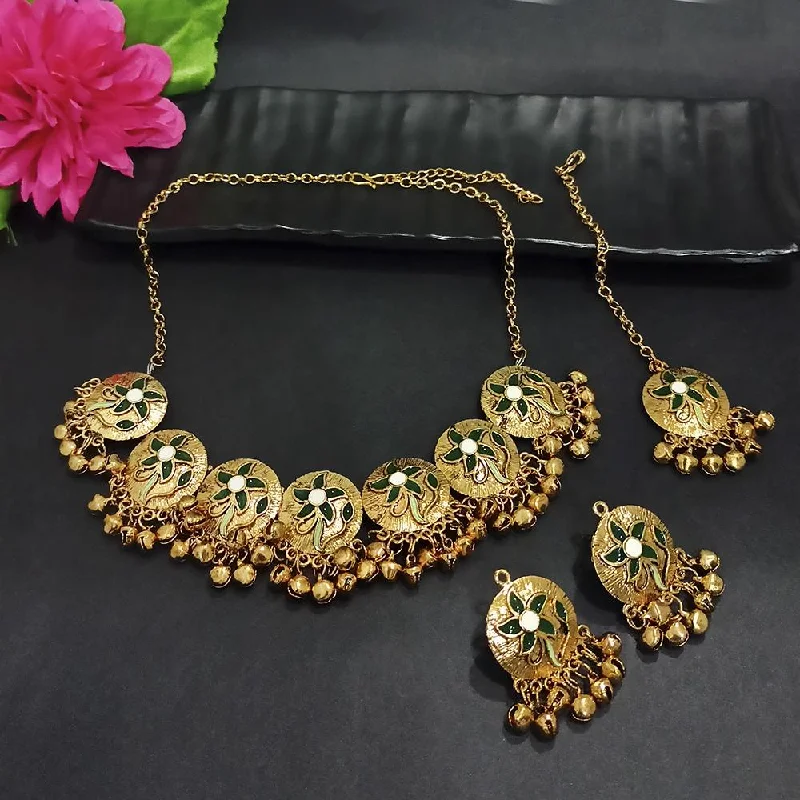 Gemstone Necklaces for Brides-Kriaa Gold Plated Green Meenakari Necklace Set With Maang Tikka - 1116021D