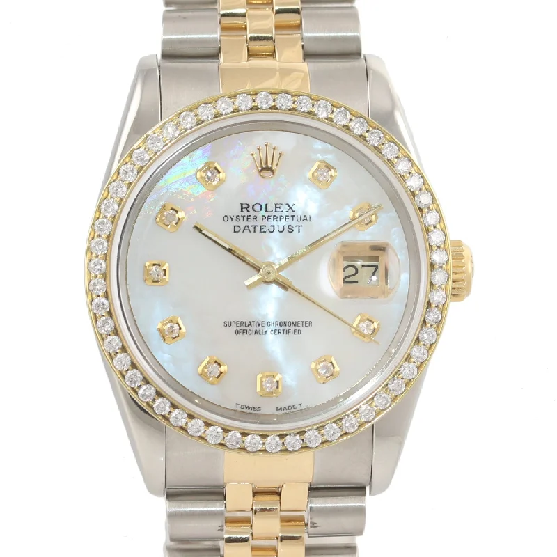 Luxury Watches with Diamonds-DIAMOND BEZEL Rolex DateJust 16233 Two-Tone 18K Yellow Gold MOP Jubilee Watch