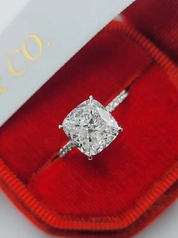 Solitaire Engagement Rings-4.52 Carats Lab Grown Cushion Cut Micropaved Side Stones Hidden Halo Diamond Engagement Ring