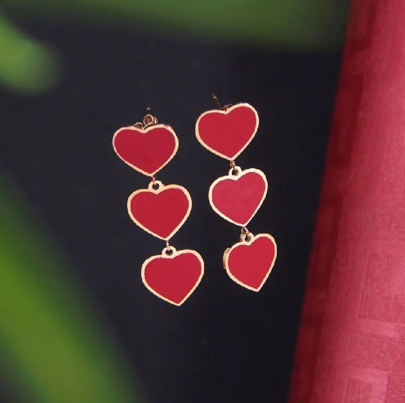 Trendy Dangle Earrings-Tarohi Jewels Stainless Steel Rosegold Plated Three Red Hearts Dangle Earring-STNER 2753