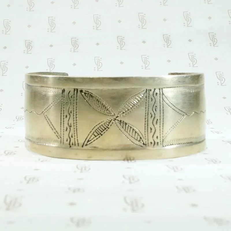 Luxury Bracelets for Weddings-North African Engraved White Brass Cuff