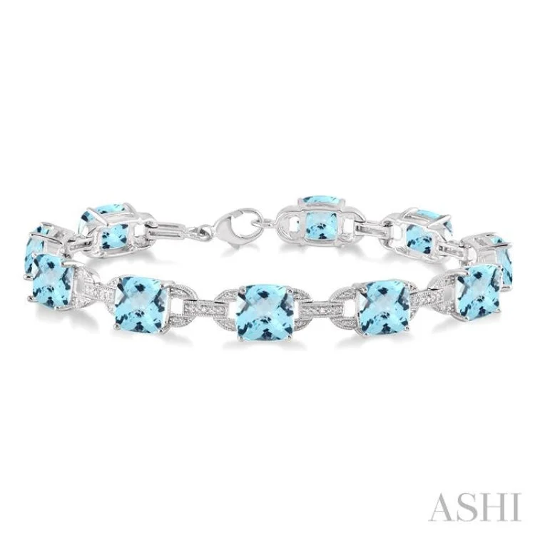 Personalized Birthstone Bangles-7x7 mm Cushion Cut Blue Topaz and 1/20 Ctw Round Cut Diamond Fashion Bracelet in Sterling Silver