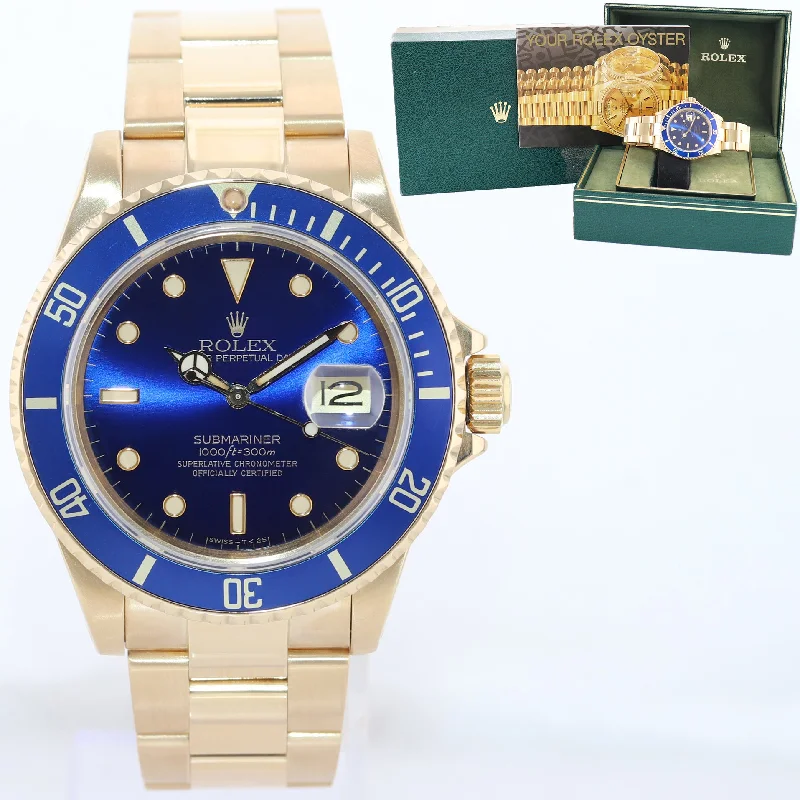 Unique Fashion Watches for Women-Rolex Submariner Blue Purple Sunburst Dial 16808 Oyster 18k Yellow Gold Watch Box