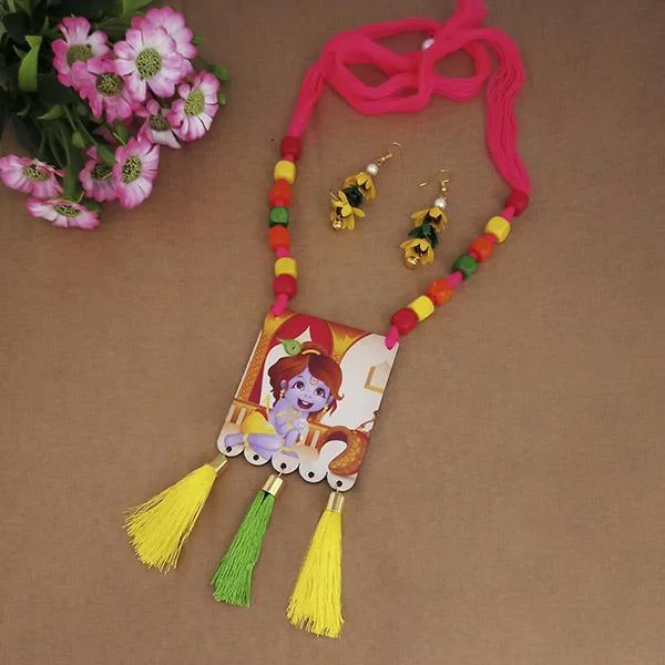 Bohemian Style Necklaces-Urthn Lord Krishna Digital Printed Wooden Necklace Set - 1114101