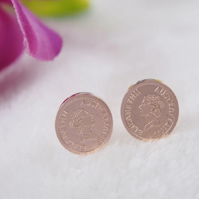 Summer Earrings for Women-Tarohi JewelsStainless Steel Rosegold Plated Queen Elizabeth Coin Shaped Stud Earring- STNER 3849