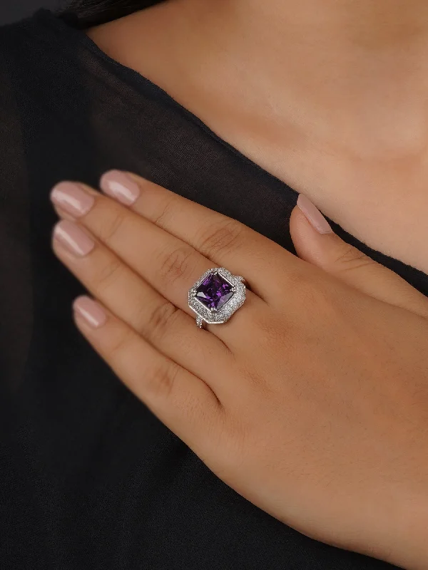 Modern Diamond Engagement Rings-Purple Color Silver Plated Faux Diamond Ring - CZRNG101PR