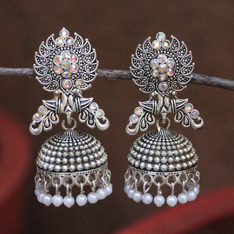 Stud Earrings for Women-H K Fashion Oxidised Plated Austrian Stone And Pearls Jhumki Earrings