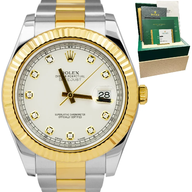 Watches with Customizable Dials-MINT Rolex Datejust II 2 Silver Ivory DIAMOND Two-Tone Gold 41mm Watch 116333