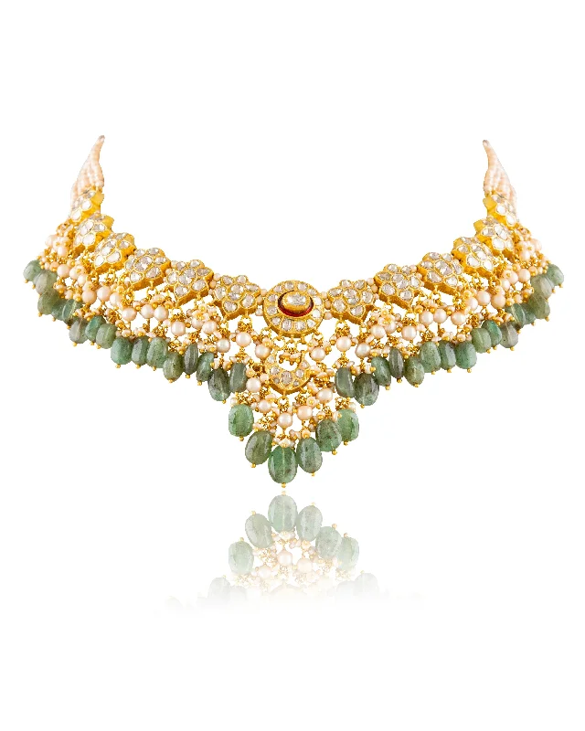 Green Gemstone Necklaces-Riya Polki Necklace