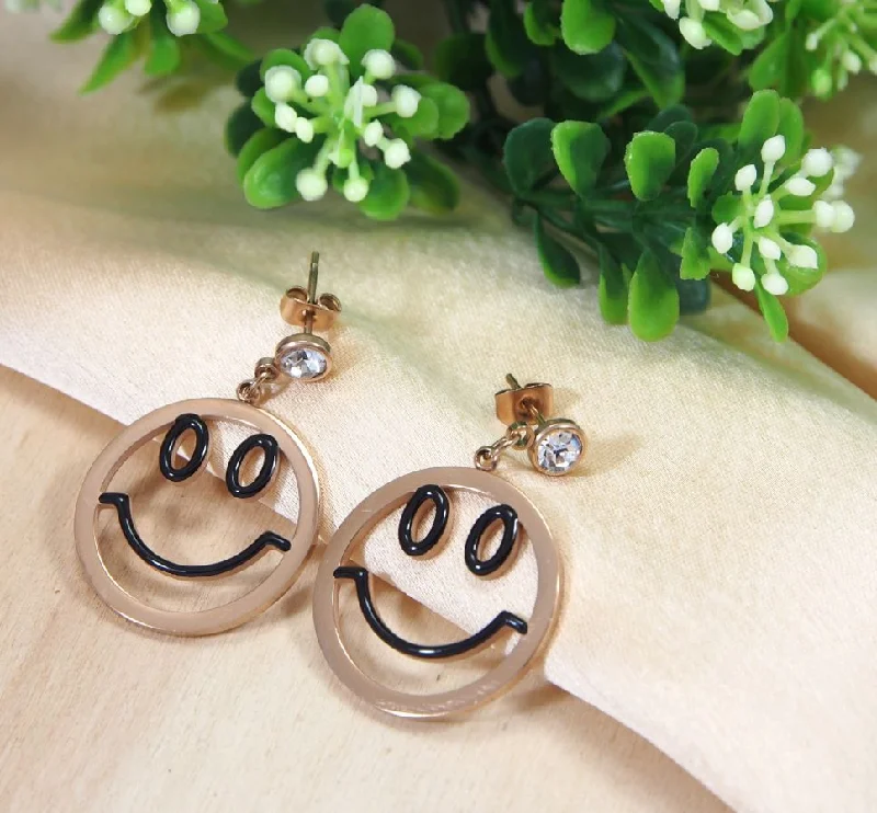 Boho Chic Earrings-Tarohi JewelsStainless Steel Rosegold Plated Smiley Face Earring- STNER 2703