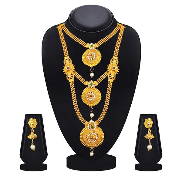 Luxury Diamond Necklaces-Kriaa Gold Plated Maroon Green Stone Triple layer Necklace Set