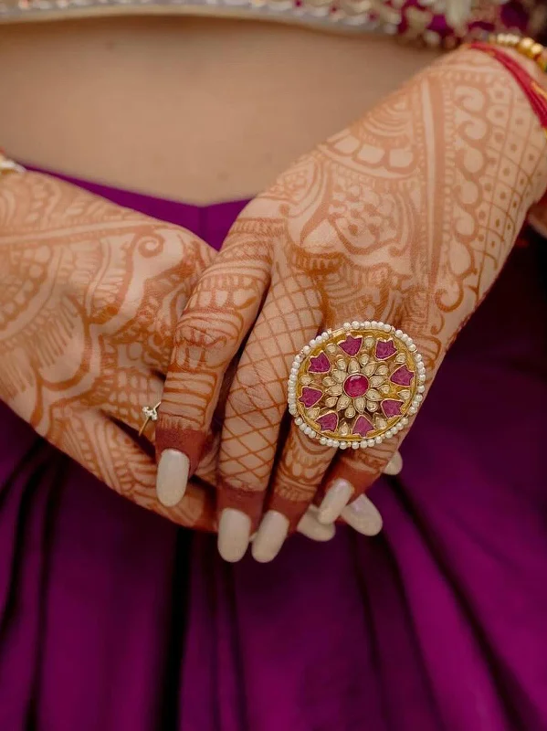 Black Diamond Rings-Pink Color Gold Plated Jadau Kundan Ring - MRNG84P