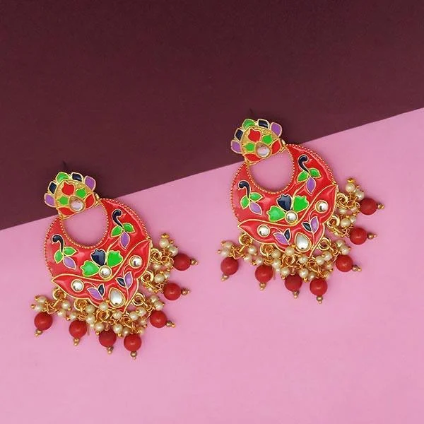 Retro Style Earrings-Kriaa Red Meenakari And Beads Kundan Dangler Earrings - 1314212D