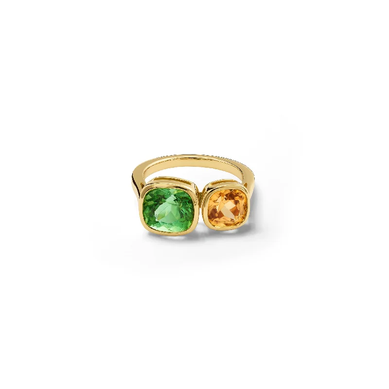 Minimalist Silver Rings-Toi et Moi Ring 18ct Yellow Gold - Mint Tourmaline & Zircon