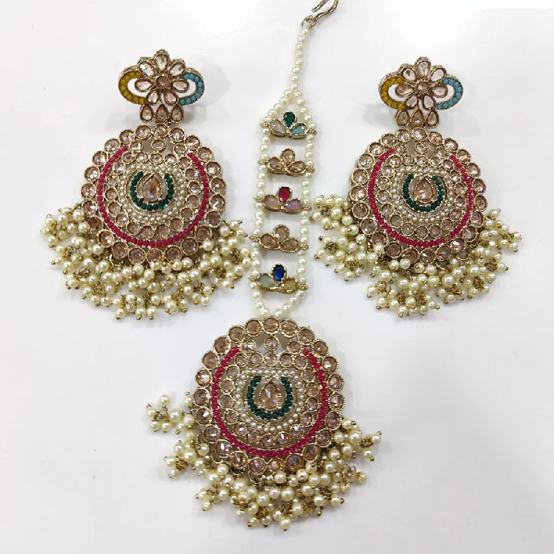 Large Drop Earrings-JCM Gold Plated Crystal Stone And Pearls Dangler Earrings With Maangtikka (Assorted Color 1 Piece Only)