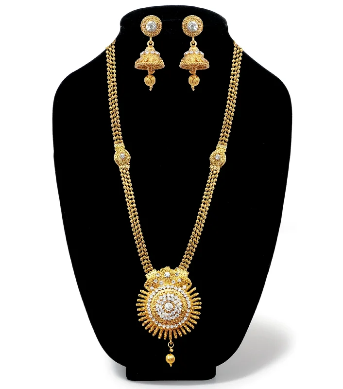 Fashionable Charm Necklaces-Kriaa Gold Plated White Austrian Stone Long Haram Necklace Set - 1107904A