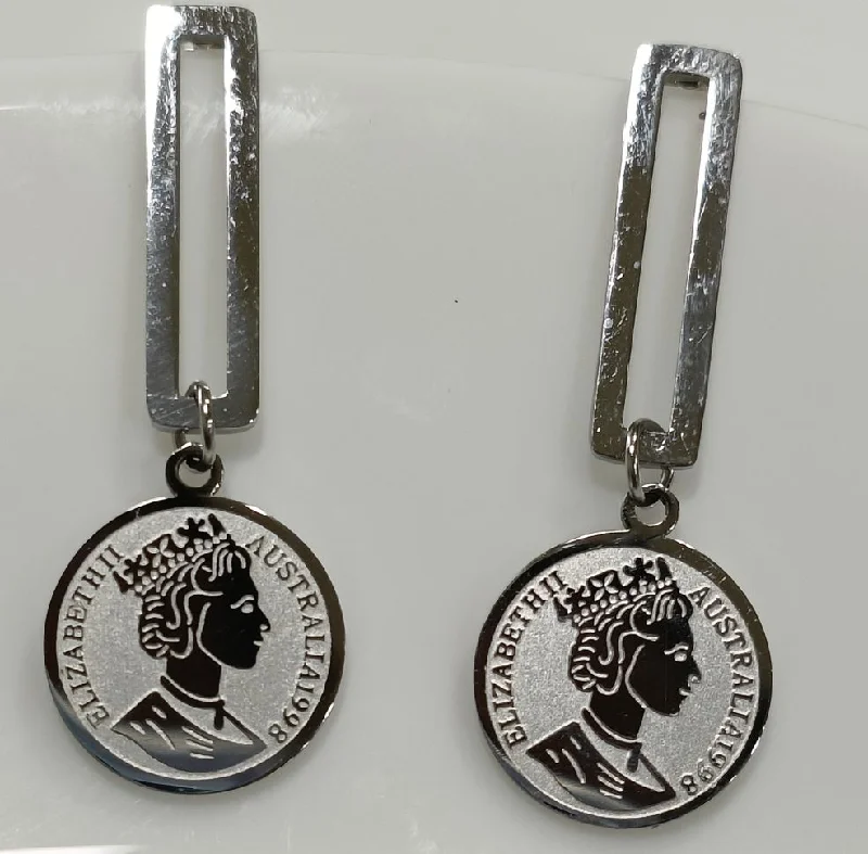 Long Dangle Earrings-Tarohi Jewels Stainless Steel Gold/Rosegold/Silver Plated Hanging Queen Elizabeth Portrait Coin Drop Earring- STNER 2583