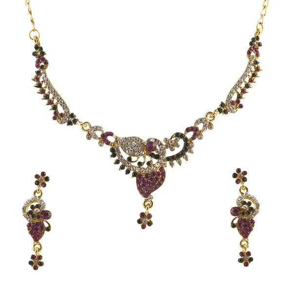 Natural Stone Necklaces-Kriaa Pink Austrian Stone Gold Plated Necklace Set