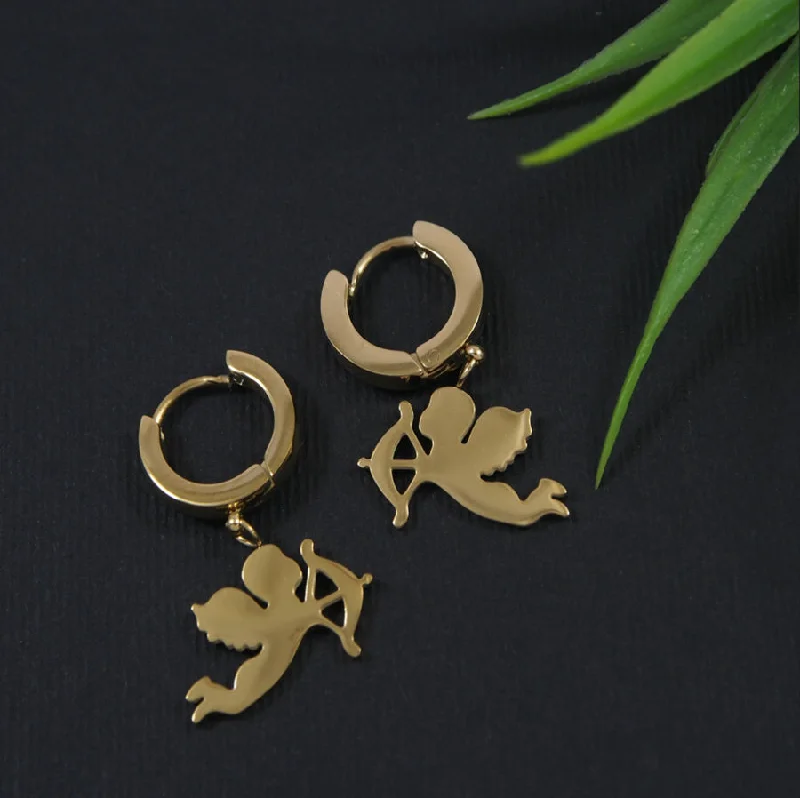 Wedding Party Earrings-Tarohi JewelsStainless Steel Gold Plated Lovely Cupid Angel Hoops Earring- STNER 3889