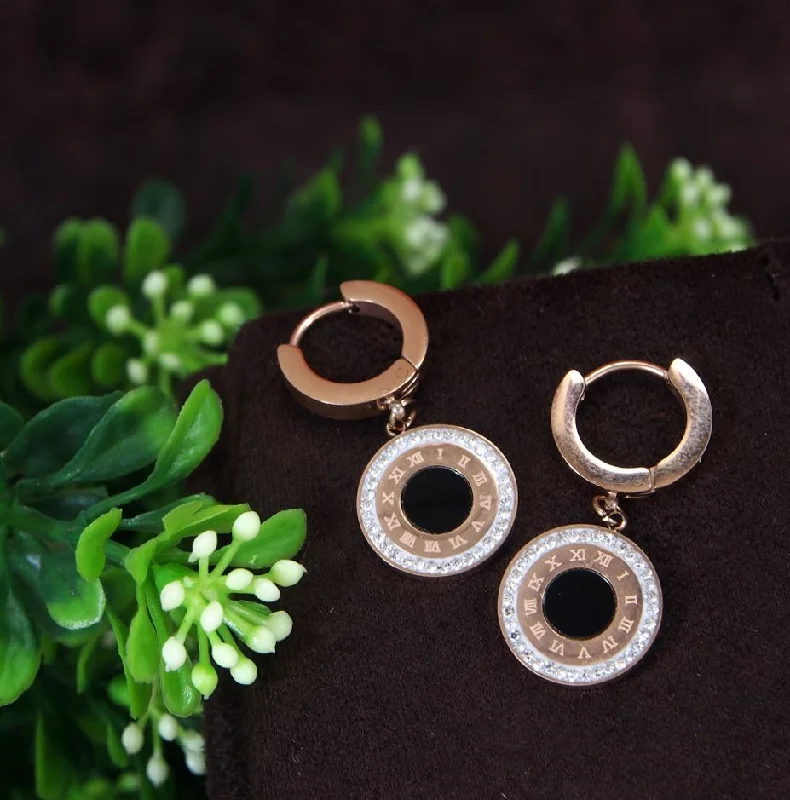 Elegant Stud Earrings-Tarohi Jewels Stainless Steel Rosegold Plated Roman Numerals Hoops Earring-STNER 2768