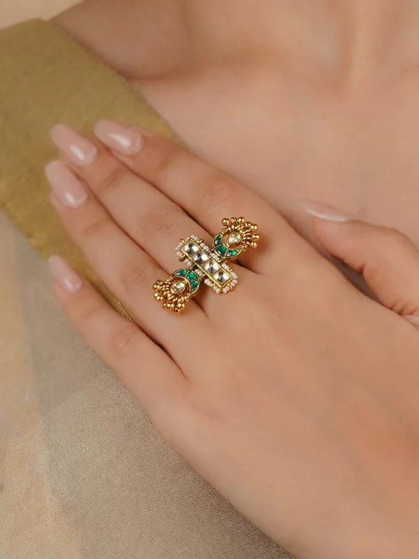 Personalized Engagement Rings-Gold Plated Jadau Kundan Ring - MRNG187