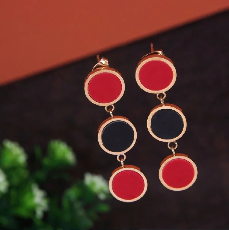 Silver Oval Earrings-Tarohi JewelsStainless Steel Rosegold Plated Three Disc Red & Black Coloured Earring-STNER 2769