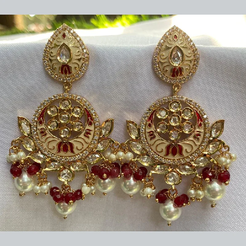 Red Gemstone Earrings-Amoliya Jewels Gold Plated Polki Kundan And Pearls Dangler Earrings